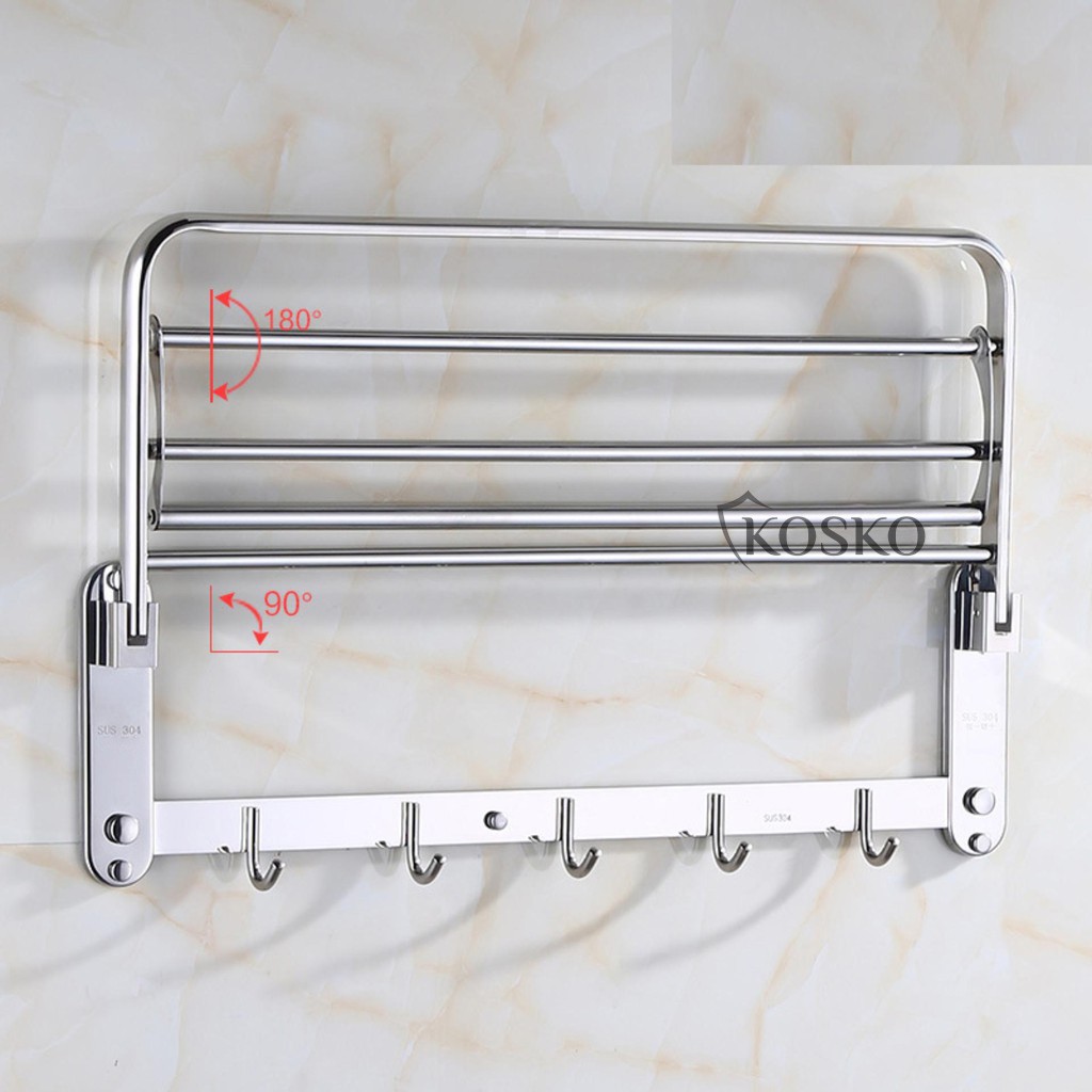 Kệ vắt khăn tắm gấp đứng inox 304 2 tầng kèm dàn móc treo quần áo tiện lợi - Bảo hành 12 tháng