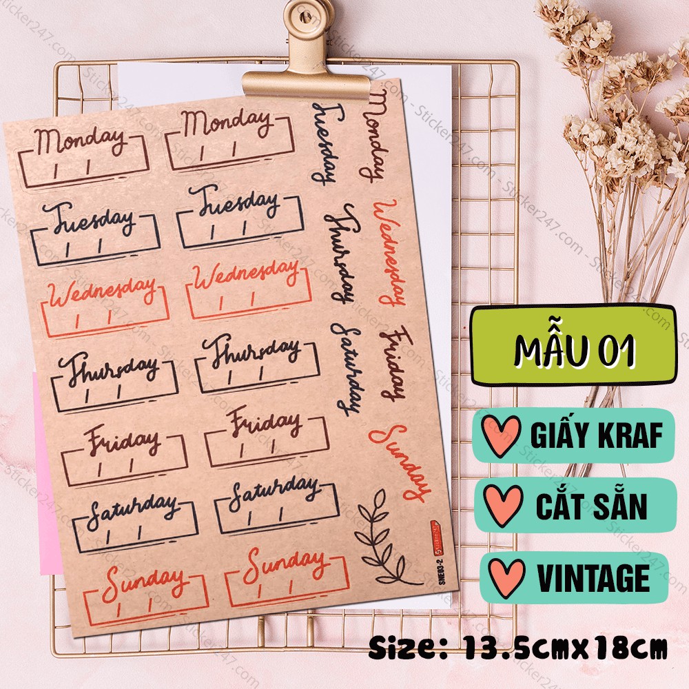 Sticker Đề Thứ Trong Tuần - Tháng Trong Năm - Note - Washi 𝑭𝒓𝒆𝒆𝒔𝒉𝒊𝒑 Decal Giấy Kraft Vintage dùng trang trí sổ, tập