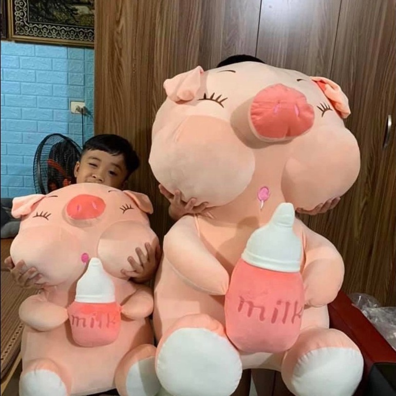 Gấu bông to heo lợn ôm bình sữa, gối ôm hình thú nhồi bông siêu hot TK02