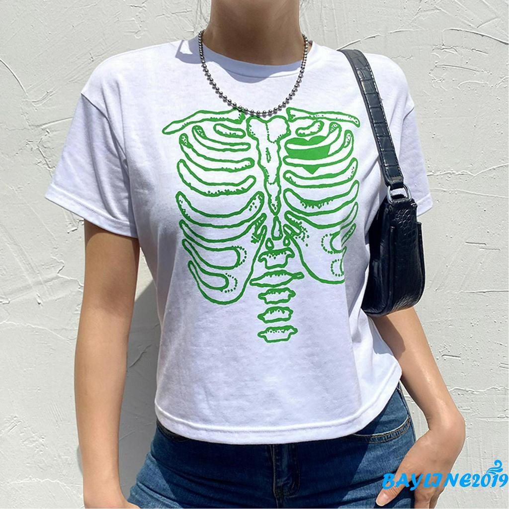 Áo Thun Nữ Ngắn Tay In Hình Bộ Xương Sáng Tạo
