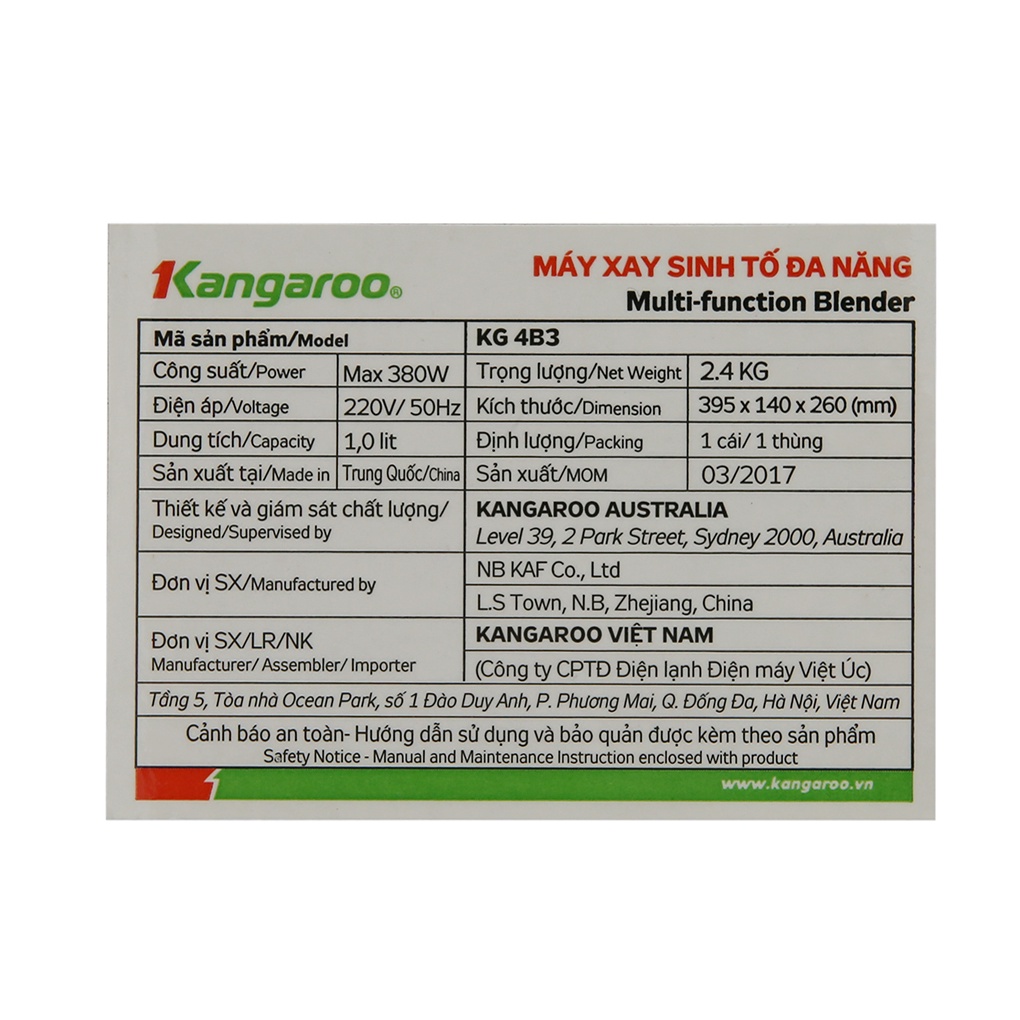 Máy xay sinh tố Kangaroo KG4B3 1 lít 380W xay sinh tố, rau củ, thịt, gia vị - Chính hãng BH 12 tháng