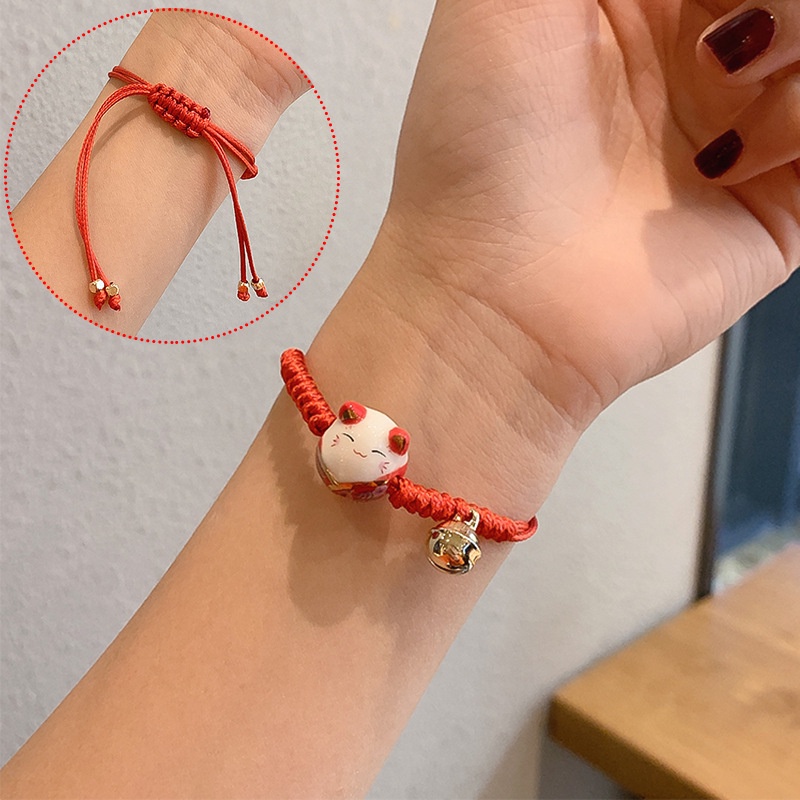 Vòng Tay Dây Bện Mặt Hình Mèo May Mắn Đính Hạt Gốm Dễ Điều Chỉnh Cho Cặp Đôi Bạn Gái