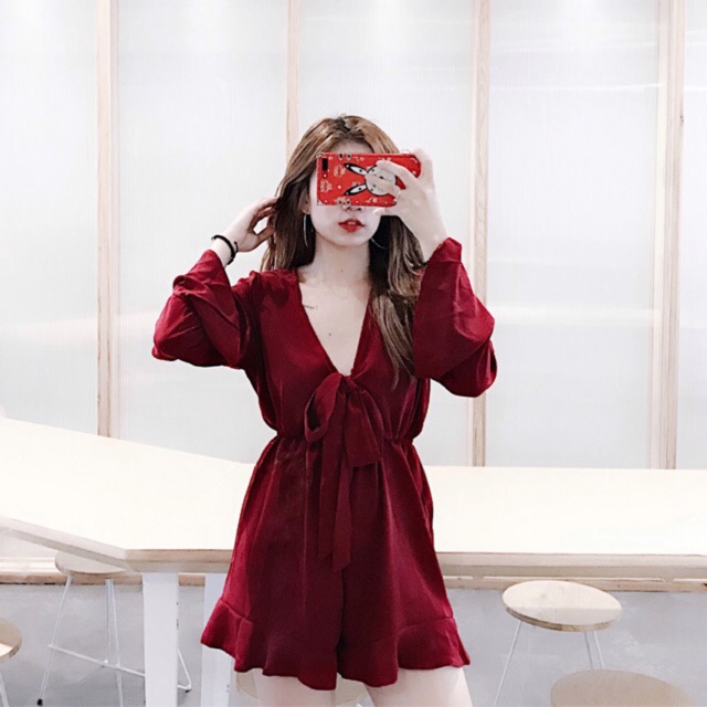 J54 - JUMPSUIT ĐỎ CỘT NƠ NGỰC TAY LOE CỰC ĐẸP