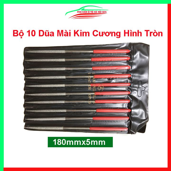 Bộ 10 đầu mài kim cương thân tròn mài dũa kim loại 180mmx5mm