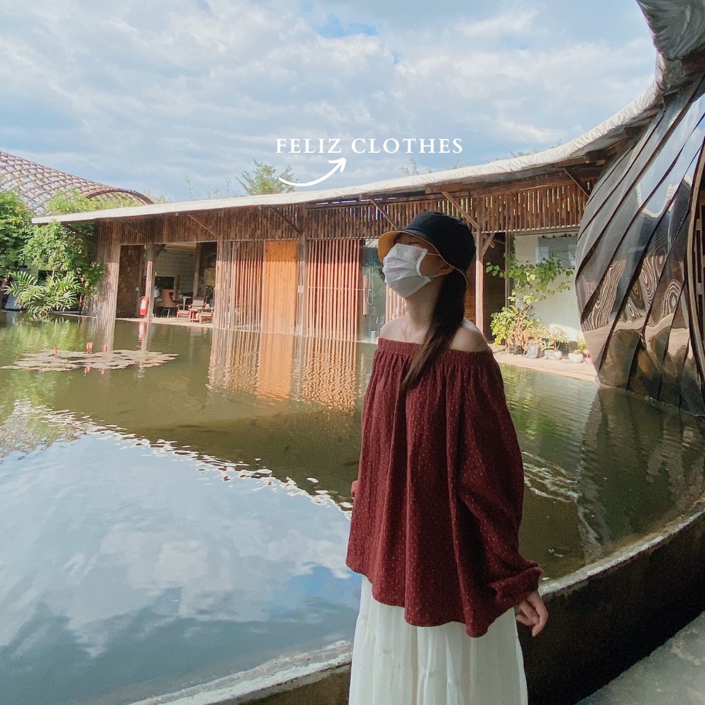 Áo babydoll dài tay hoạ tiết hoa nhí màu đỏ mận cực đáng yêu