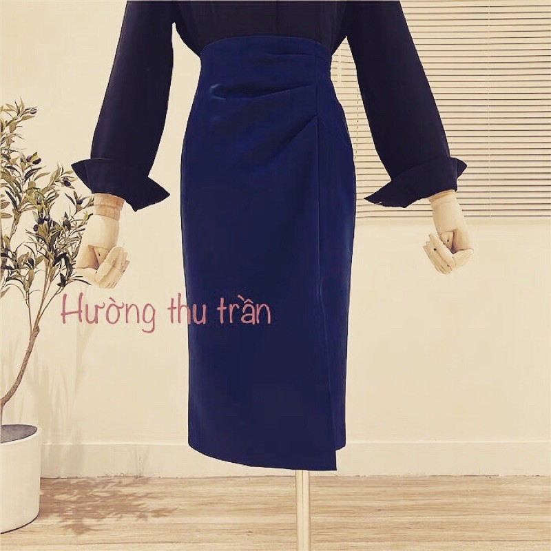 Chân váy công sở xẻ trước nhún bụng sang chảnh, chân váy công sở dài qua gối