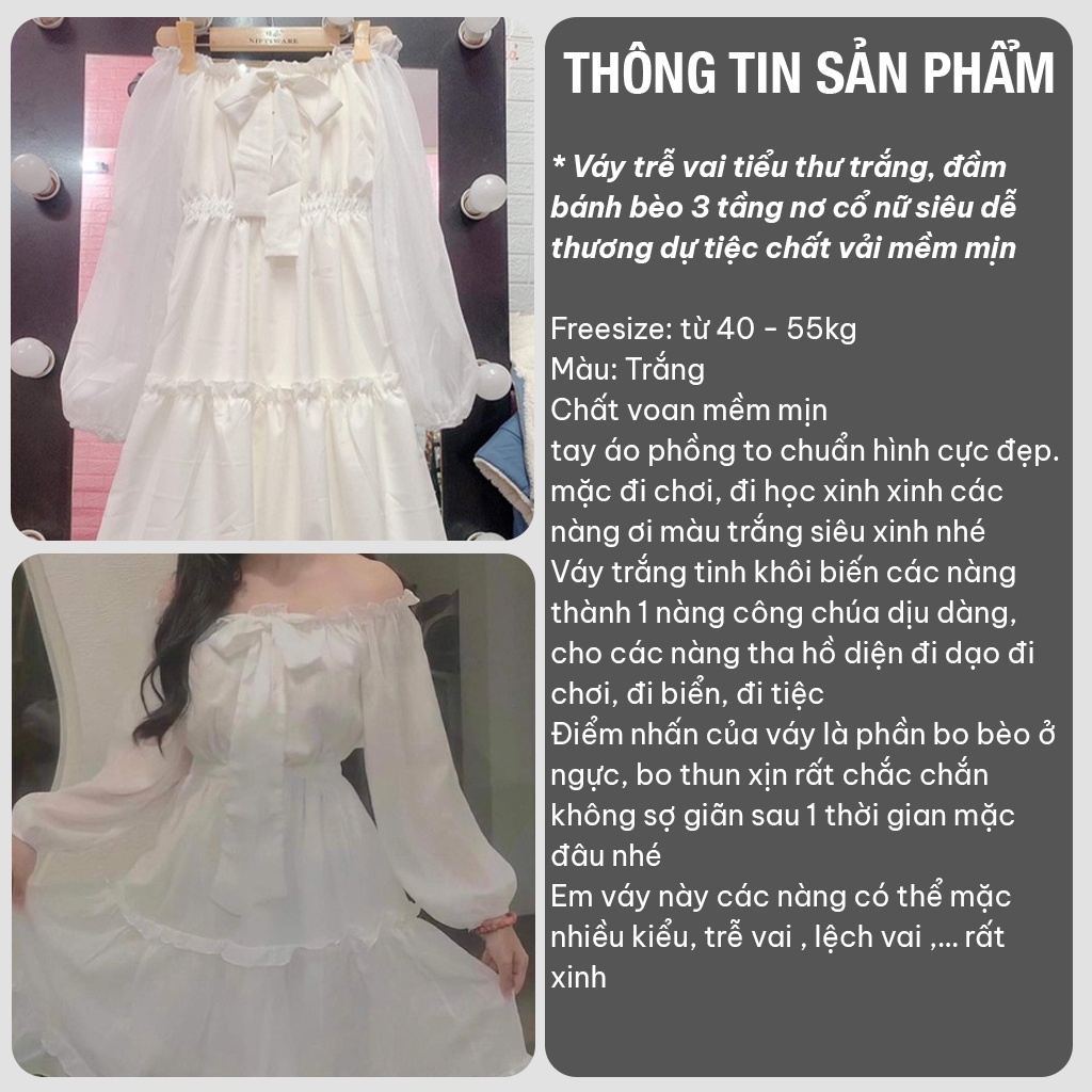 Váy trễ vai tiểu thư trắng 3 tầng nơ cổ nữ siêu dễ thương dự tiệc chất vải mềm mịn_VENUS | BigBuy360 - bigbuy360.vn