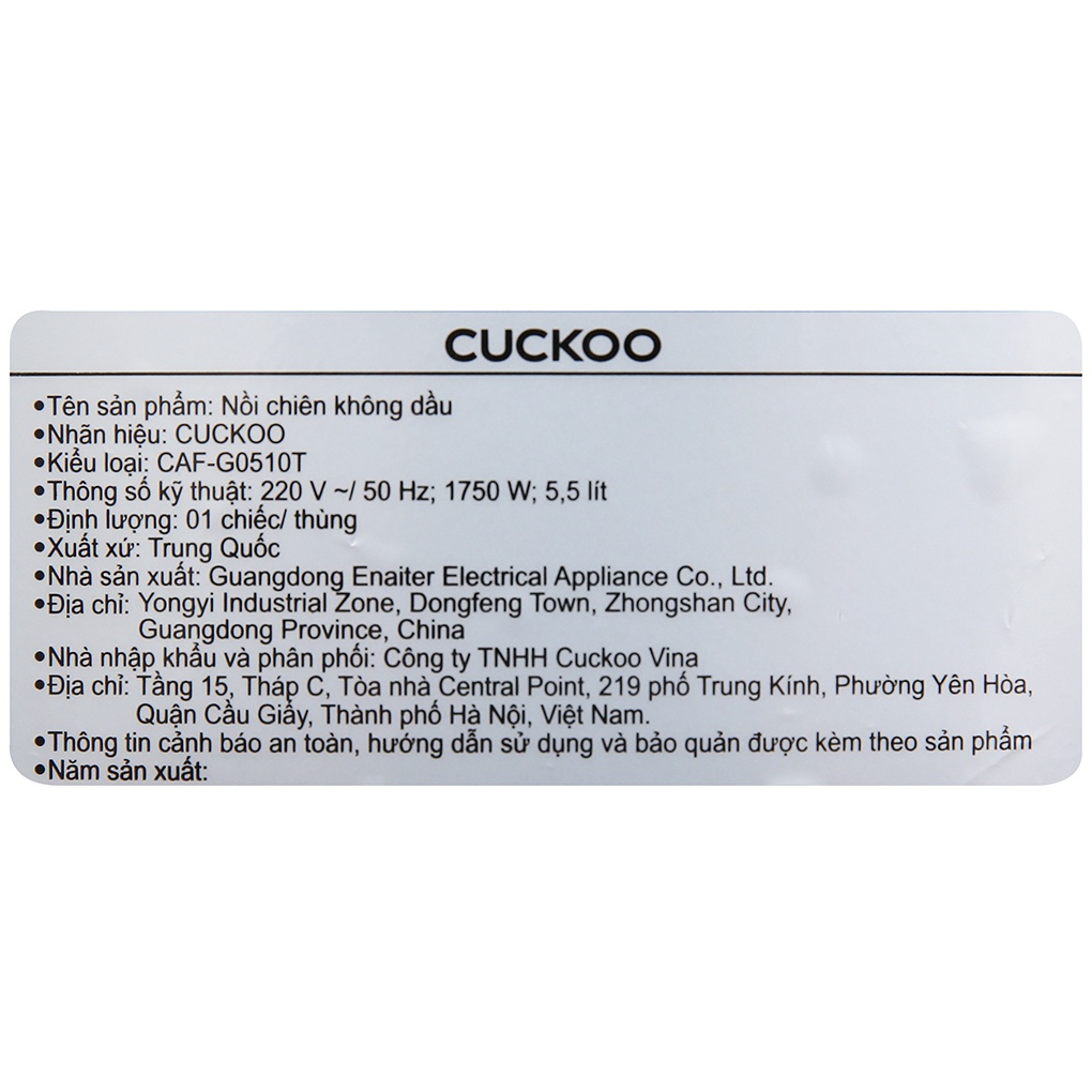 [Mã ELHADEV giảm 4% đơn 300K] Nồi chiên không dầu Cuckoo CAF-G0510T 5.5 lít Công suất 1750W BH 12 tháng, Chính hãng