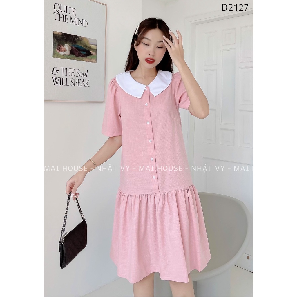 Đầm Nữ NHẬT VY Cổ Sơ Mi Kiểu Trơn Có Nút Chất Linen Bầu Thoải Mái Dáng Suông Đuôi Cá Màu Hồng, Xanh - D2127