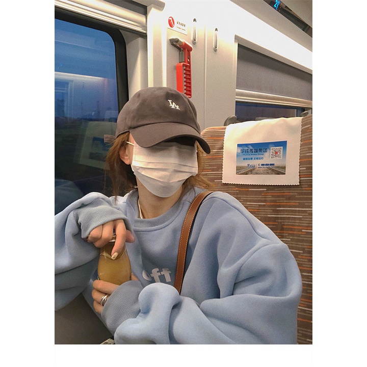 [Spot] Áo sweater chui đầu cổ tròn dáng rộng màu xanh sữa in chữ phong cách Hàn Quốc