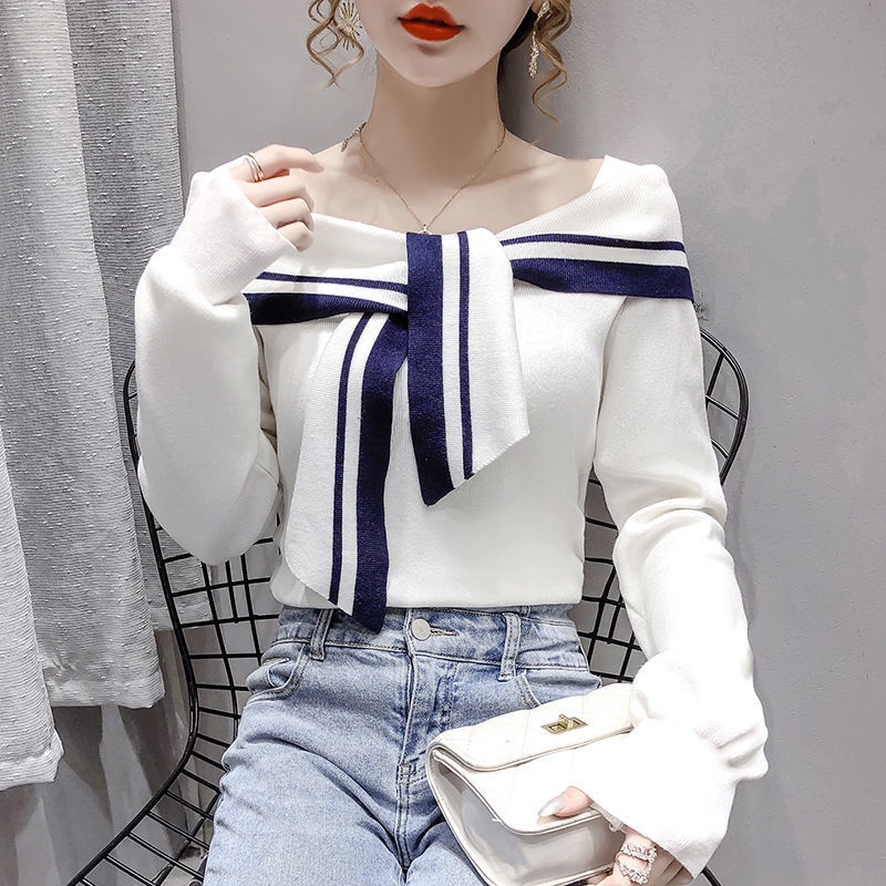 Áo sweater dệt kim một màu tay dài thời trang mùa thu quyến rũ cho nữ 2021