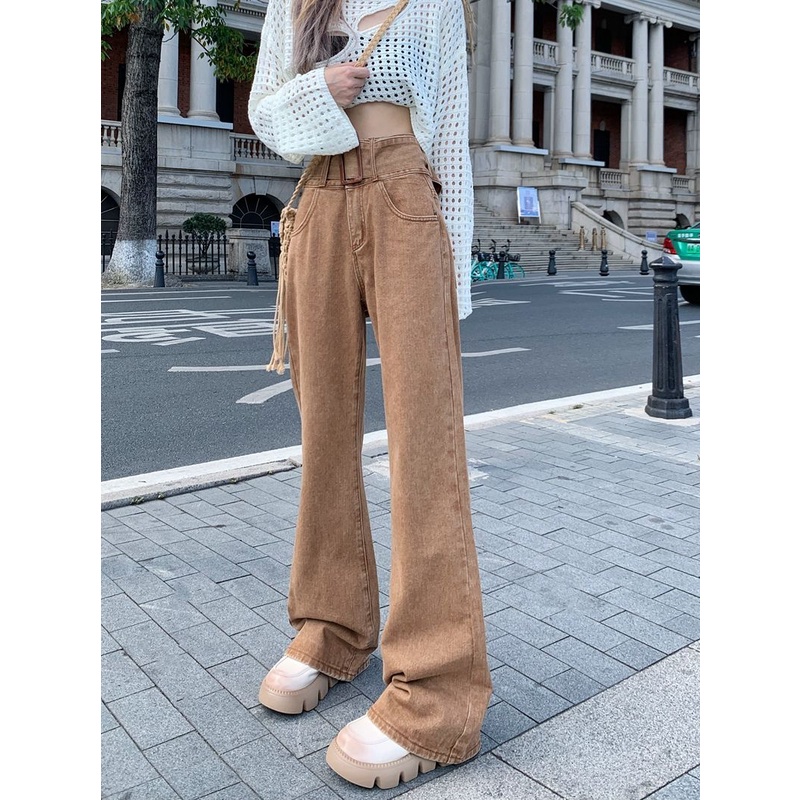 Jiashucheng Quần Jean Dài Lưng Cao Ống Rộng Thời Trang Mùa Thu Cá Tính Cho Nữ