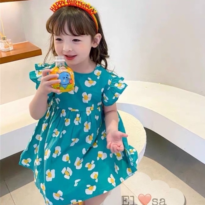 Váy bé gái màu xanh họa tiết quả trứng ốp la cho bé 1-6 tuổi