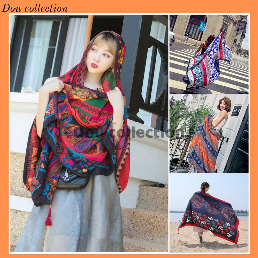 [Nowship2h] Khăn Choàng Quàng Cổ Boho Họa Tiết Tế Bào Thổ Cẩm  - Chất Liệu Cotton  - Size:90x180cm - Mã KC002