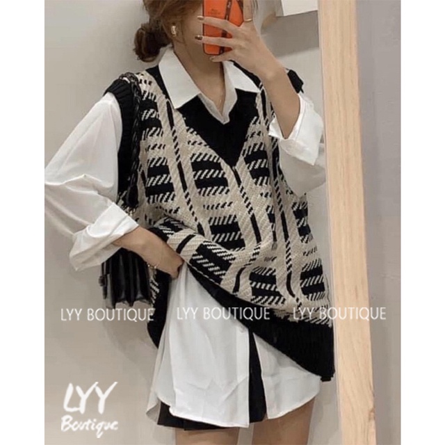 Áo gile len kẻ ô vuông cổ V dáng rộng mix đồ siêu xinh hàng Quảng Châu LYY BOUTIQUE | BigBuy360 - bigbuy360.vn