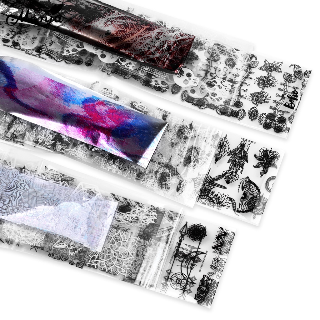 MONJA Bộ 6 Miếng Dán Trang Trí Móng Tay Họa Tiết Ren Màu Trắng Đen Thời Trang