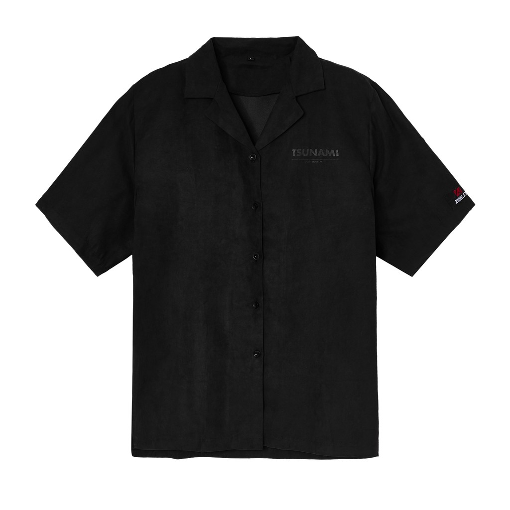 Áo sơ mi unisex Zune.zx tay lỡ đen xám form rộng in hoạ tiết, Tsunami shirt