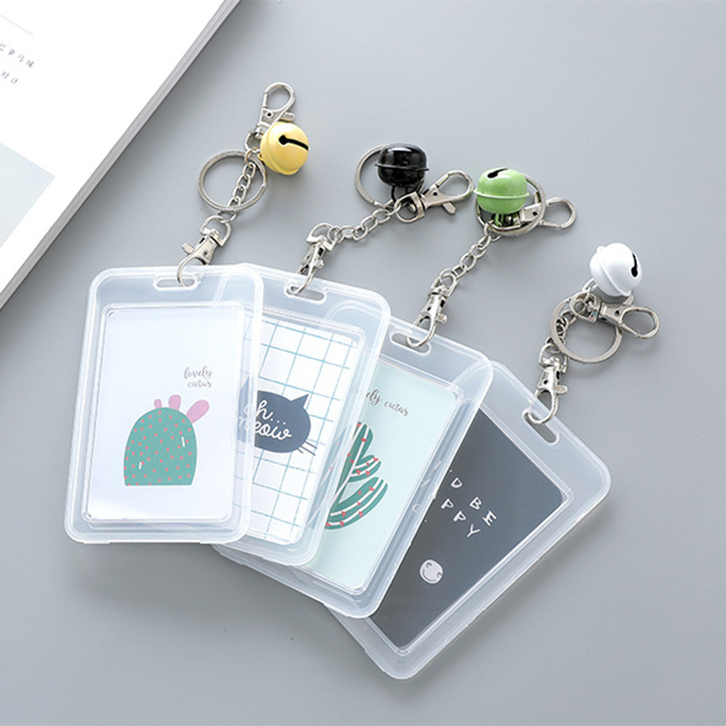 Double-sided Transparent Bus Card Holder with Bells Keychain Female Cartoon Cute Rice Card Holder YKD