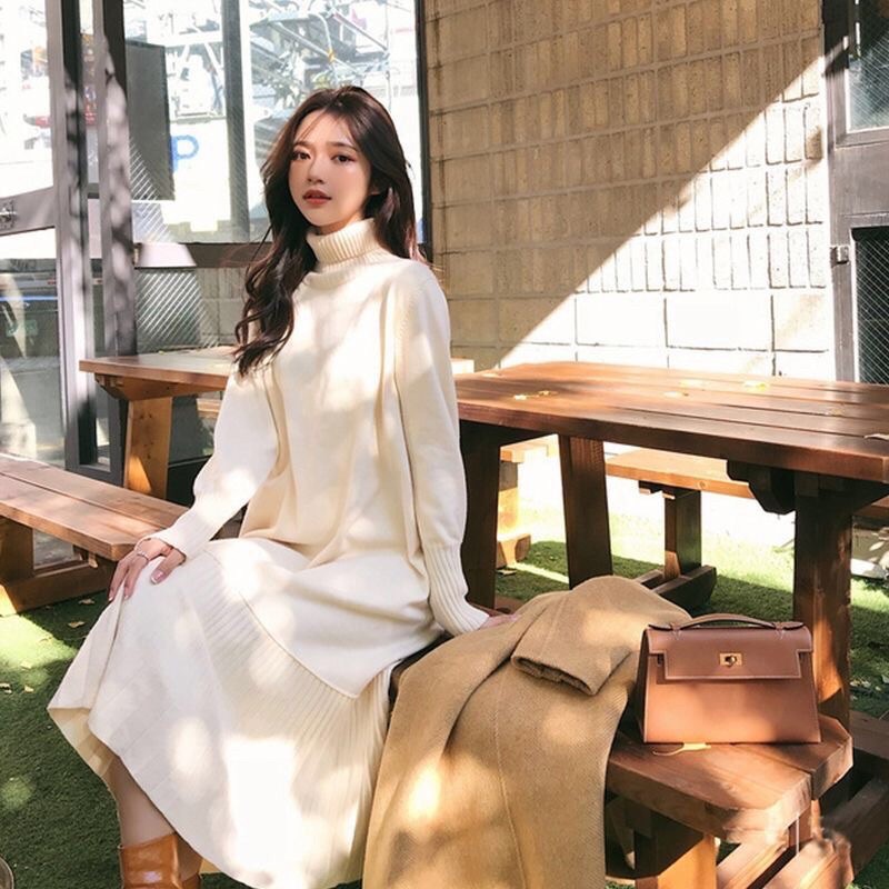 Váy len suông cao cổ tay bo gấu xếp ly