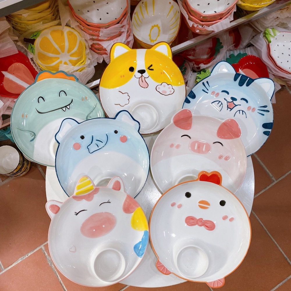 Đĩa sứ hoạt hình có ngăn chấm tiện lợi, dĩa sứ decor họa tiết cute