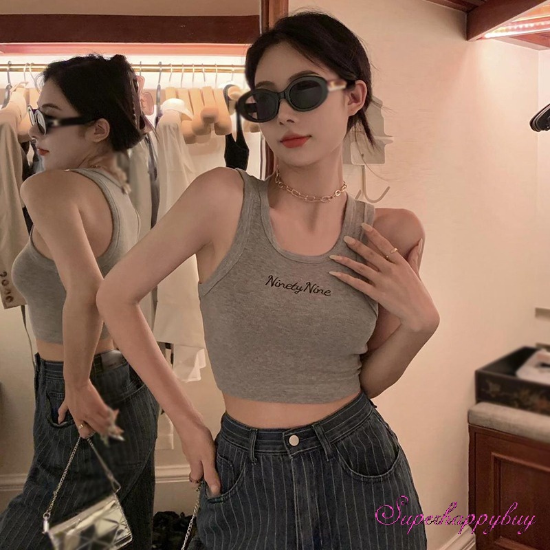 Áo Croptop Sát Nách Cổ Tròn Hoạ Tiết Chữ Thêu Cho Phái Nữ