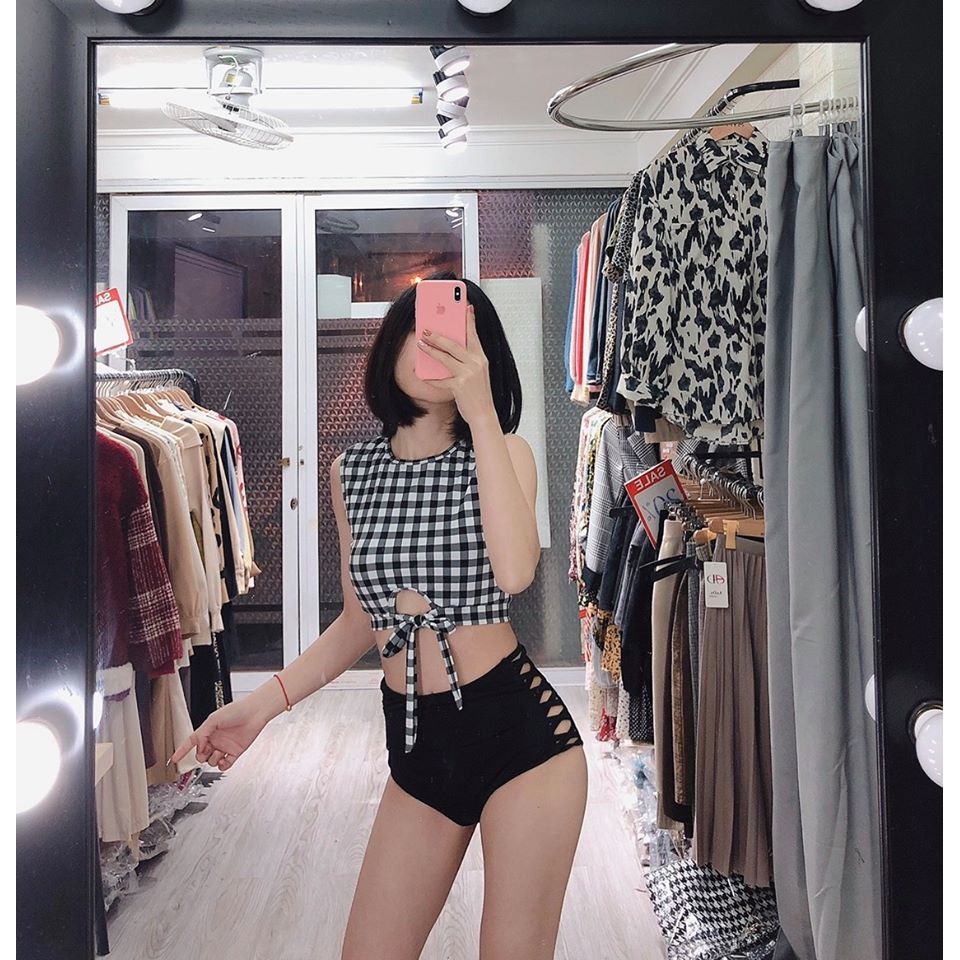 Bikini hai mảnh cộc tay caro mặc đi biển đi bơi đẹp