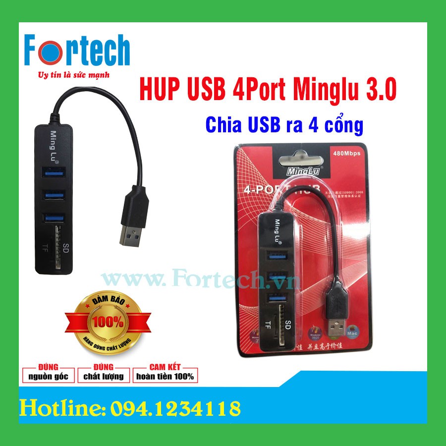 Bộ chia cổng USB 3.0 1 ra 3 cổng Minglu kèm khe đọc thẻ nhớ SD và Micro SD