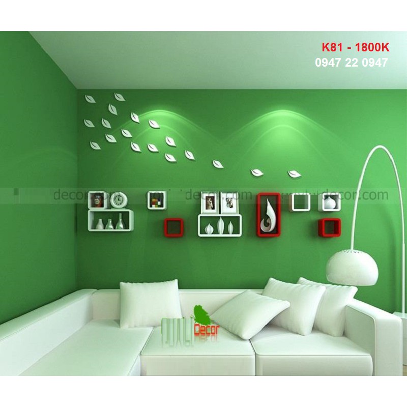 Bộ 6 lá đơn gỗ trang trí dán tường 3D (xanh hoặc trắng)