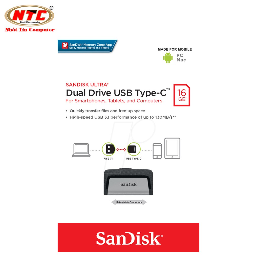 USB OTG Sandisk Ultra Dual Type-C 3.1 16GB 130MB/s (Bạc)