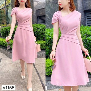 váy hồng lệch vai nhún eo thiết kế dáng xòe sang trọng