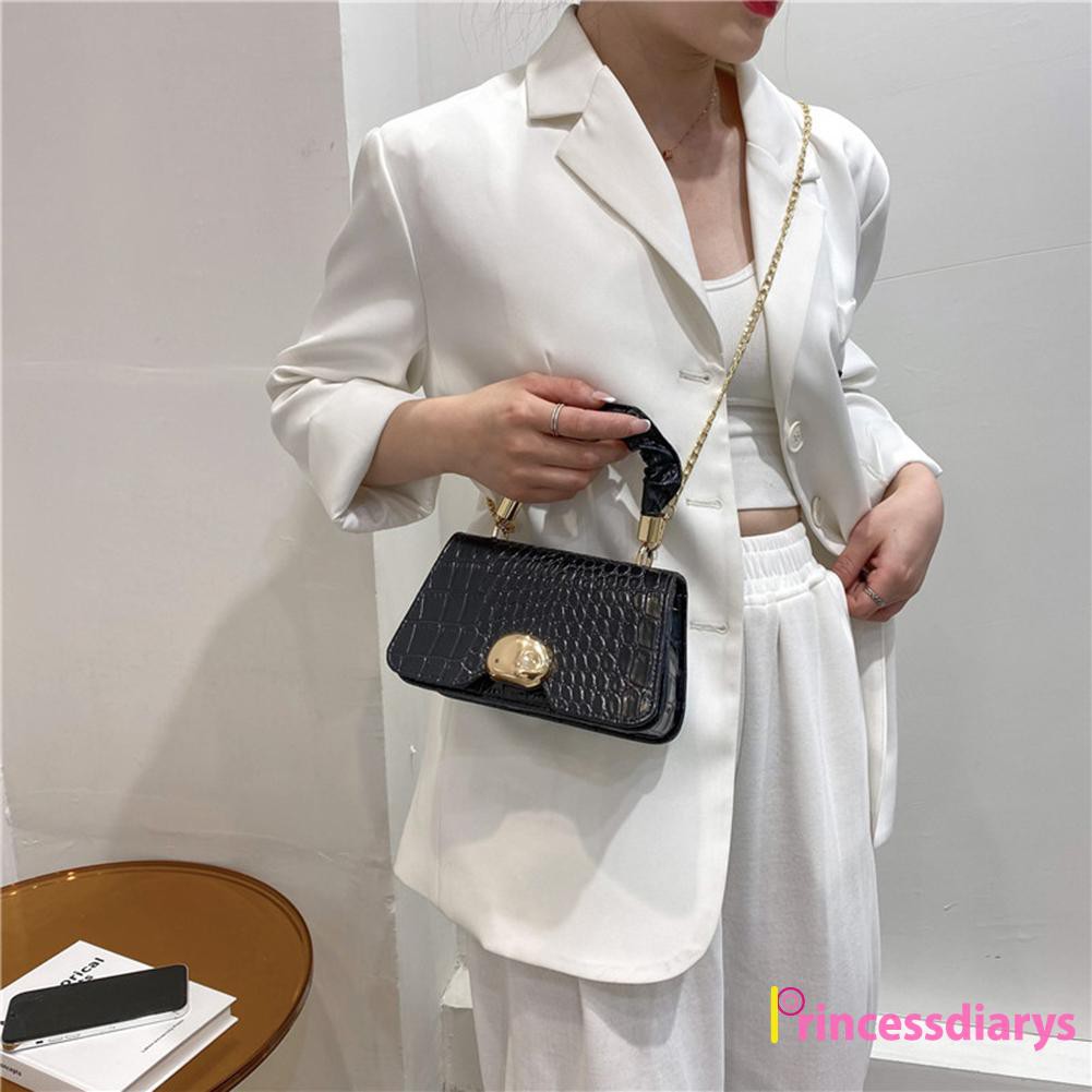 Fashion Women PU Solid Color Alligator Pattern Shoulder Bag Pleated Handbag