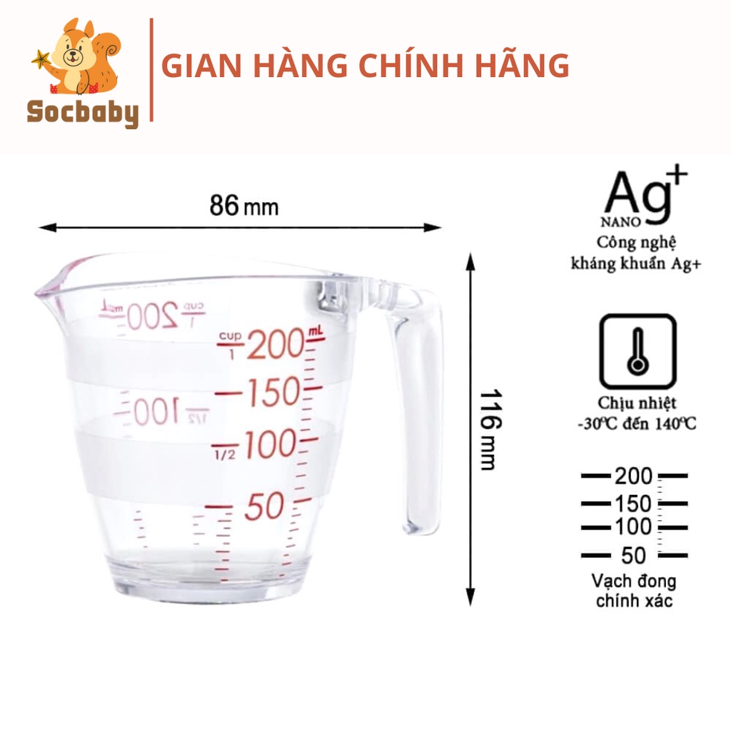 Cốc đong Chia vạch pha sữa YOKO INOCHI nhựa 200ml, Dụng cụ Đo lường Làm bánh và Đồ ăn dặm cho bé