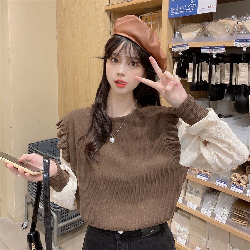 Áo Thun Dệt Kim Tay Dài Dáng Rộng Phong Cách Phương Tây Thời Trang Mùa Thu Cho Nữ