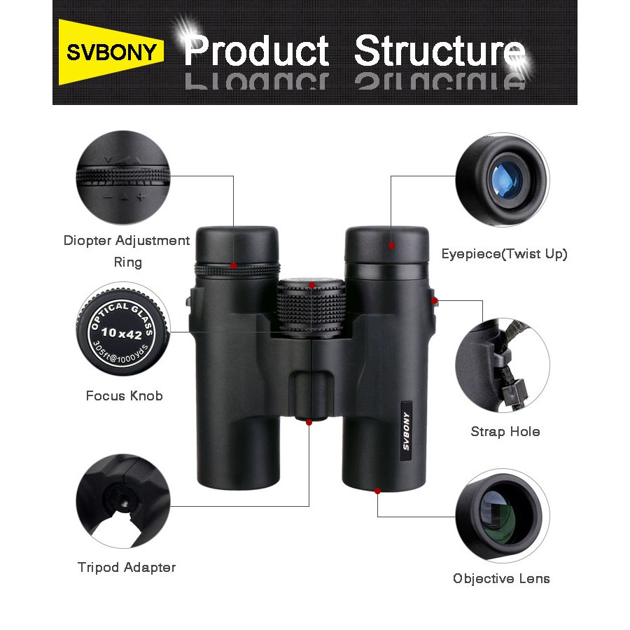 Ống nhòm Svbony SV21 10x42 MC lớp phủ quang học BK7 dễ quan sát từ xa để cắm trại