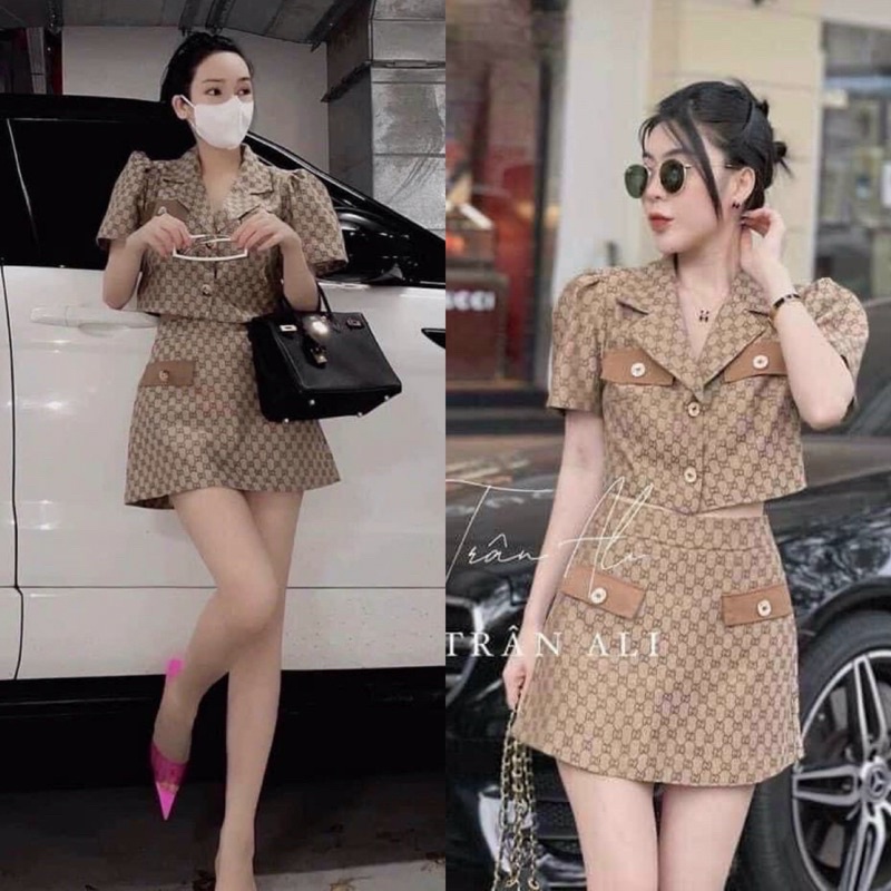 Set bộ gucci 2 món áo vest croptop kèm chân váy kaki ngắn xanh dương/lá hồng nâu - thời trang đi chơi dự tiệc sang trọng