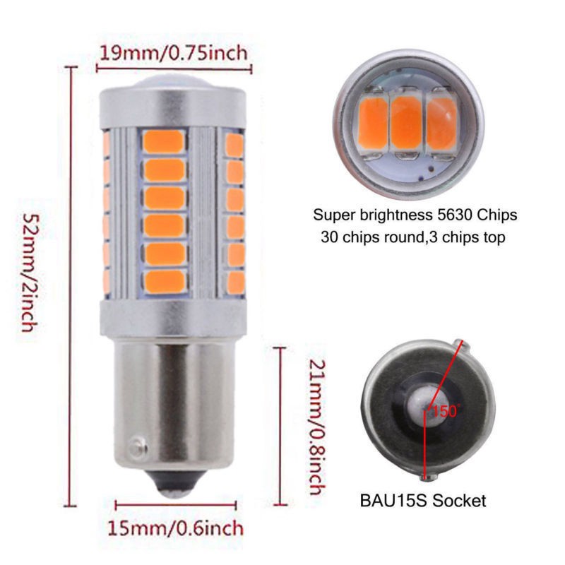 2 bóng đèn LED chiếu hậu tín hiệu đi lùi 1156PY BAU15S PY21W Led 33SMD