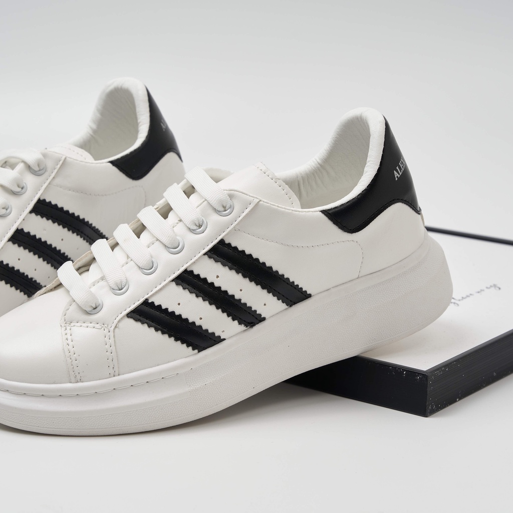 Giày Thể Thao MC Queen Alexander, Giày Sneaker Nam Nữ Sò 3 Sọc Trắng Đen Cổ Thấp