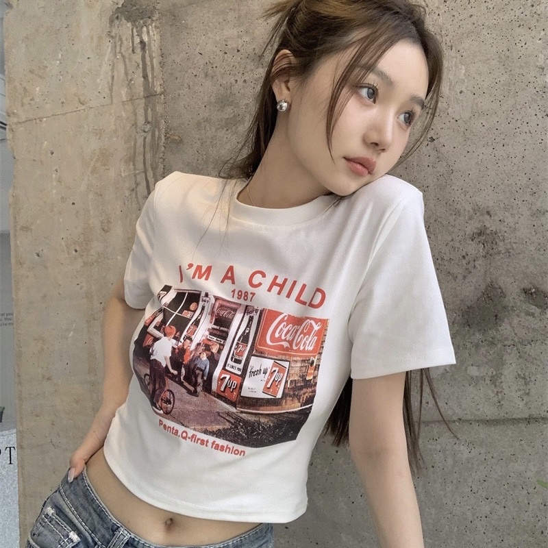 Áo Thun Croptop Body Tay Ngắn Dáng Ôm Họa Tiết In Im A Child Phong Cách Cổ Điển Trẻ Trung Luviecloset