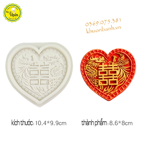 Khuôn silicon trái tim song hỉ long phụng và đồng tiền thần tài trang trí bánh