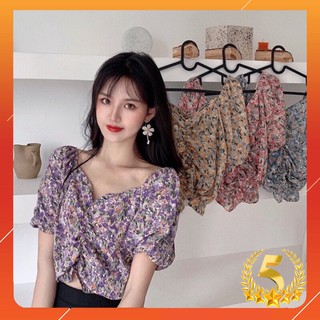 Áo kiểu voan lụa hoa nhí vintagen rút giữa siêu xinh Hàng y hình
