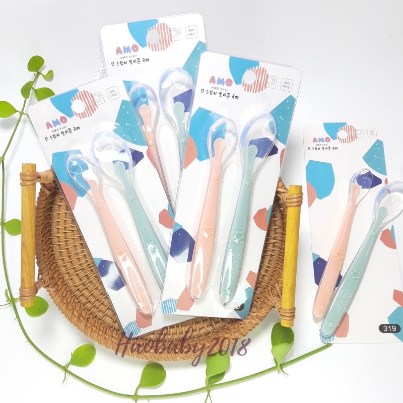 Thìa ăn dặm silicon Amoo set 2 thìa cho bé ăn dặm BLW kiểu nhật - Haobaby2018