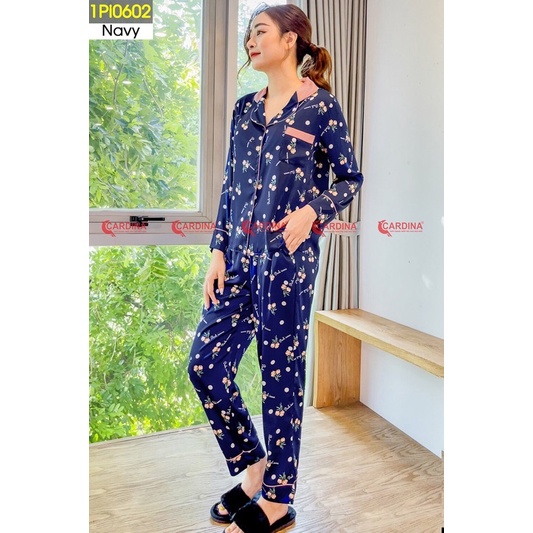 Bộ nữ pijama lụa Satin  Cardina áo dài quần dài cao cấp, hoạ tiết