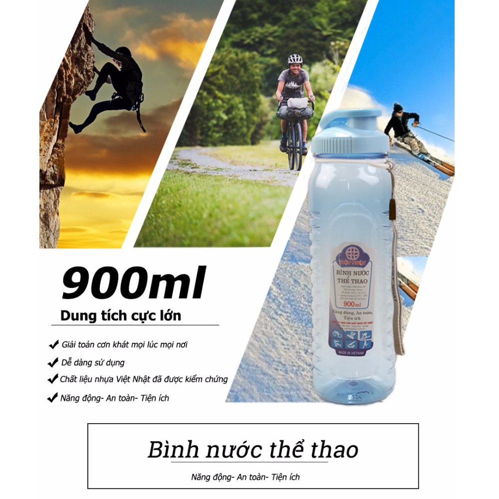Bình đựng nước thể thao cực đẹp nhựa VIệt Nhật- Dung tích lớn 900ml có dây treo - 3 màu vàng, trắng, xanh- Tiện dụng