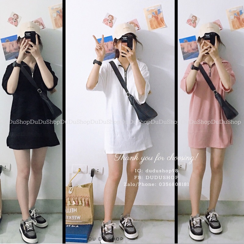 Áo Váy Polo Giấu Quần Chất Xốp Tổ Ong, Váy Suông Cổ Bẻ Kéo Khóa Phong Cách Hàn Quốc-dd26