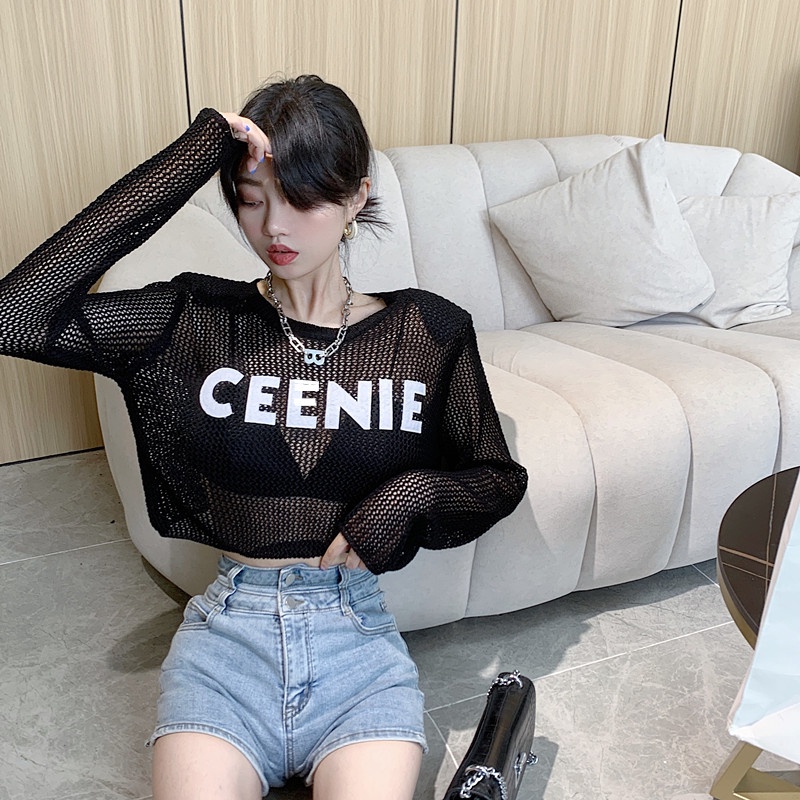 Cocory vn Áo Sweater Dệt Kim Mỏng Tay Dài Trong Suốt In Chữ Đơn Giản Quyến Rũ Cho Nữ
