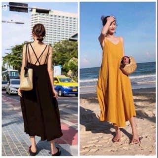 Váy 2 dây xinh - maxi, đầm 2 dây trơn đan lưng đũi lụa mềm mịn mặc đi biển