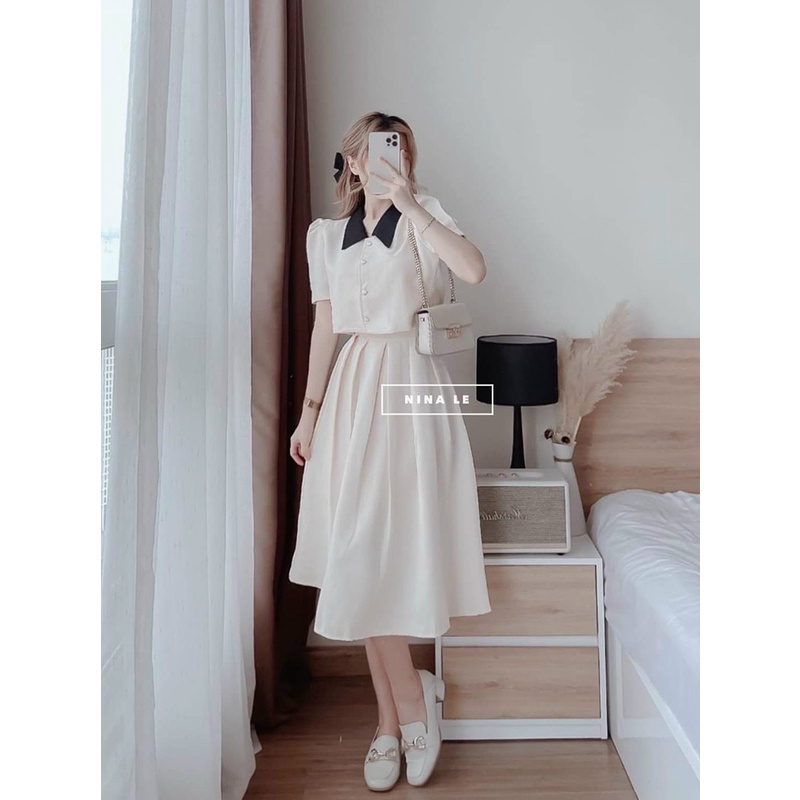 Set Bộ Nữ Công Sở Nút Cài Thật Kèm Chân Váy Xòe Dài Xếp Ly - Chân Váy Có Lót - Thời Trang Dressery Store