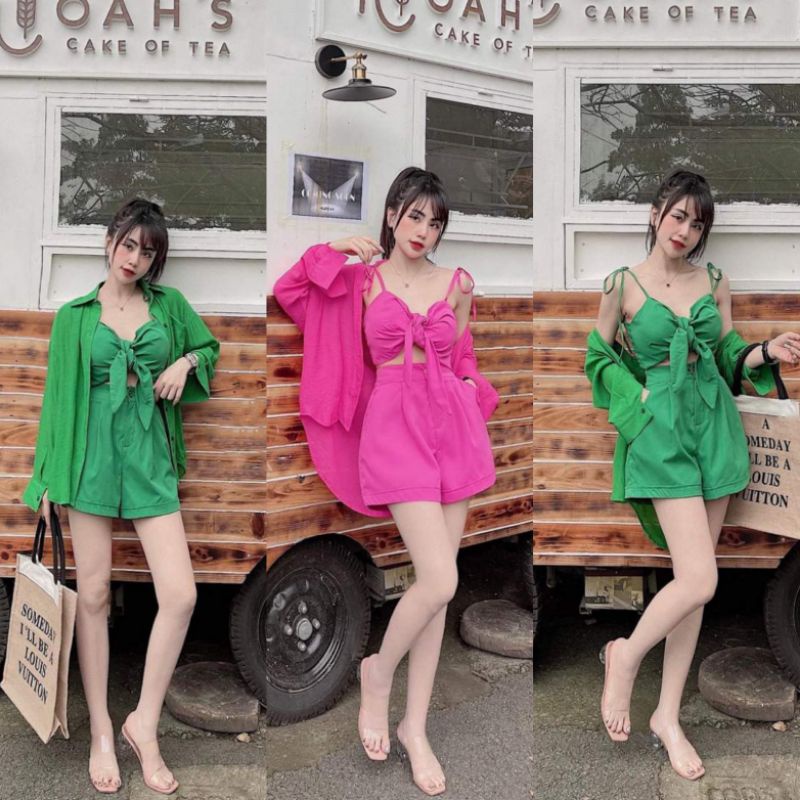 Set Đi Biển 3 Món Ms.1204 Set Đi Biển Áo Bra Quần Short, Chất Thô Và Áo Sơ Mi Chất Đũi, Bảng Màu Mới Xanh Hồng