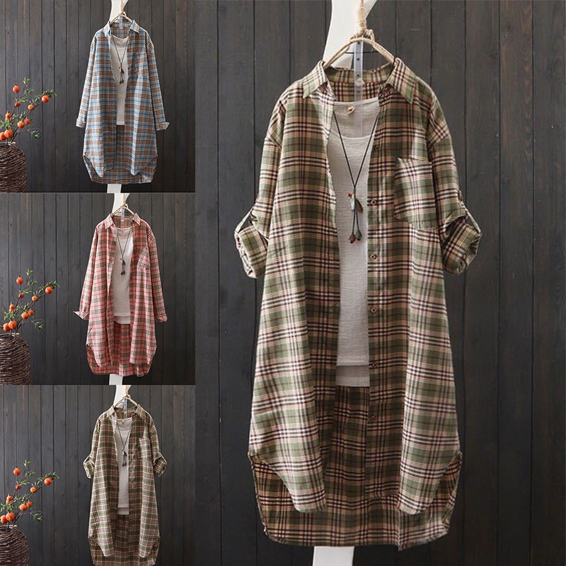 Áo khoác sơ mi cotton lanh mỏng dáng rộng kẻ sọc caro phong cách Hàn Quốc mới cho nữ