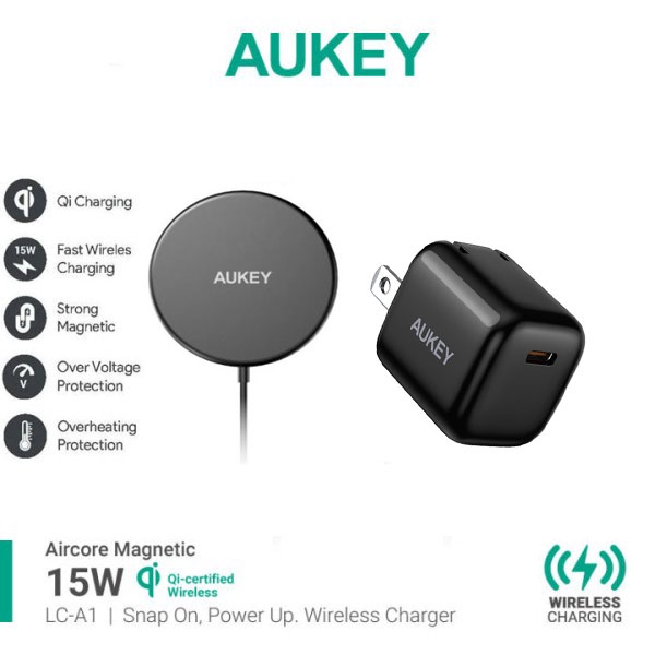 Bộ Sạc ,Đế sạc Không Dây  AUKEY LC-A1 QI 15W, Sạc Nhanh Không Dây Dành Cho Smartphone - Hàng Chính Hãng Aukey